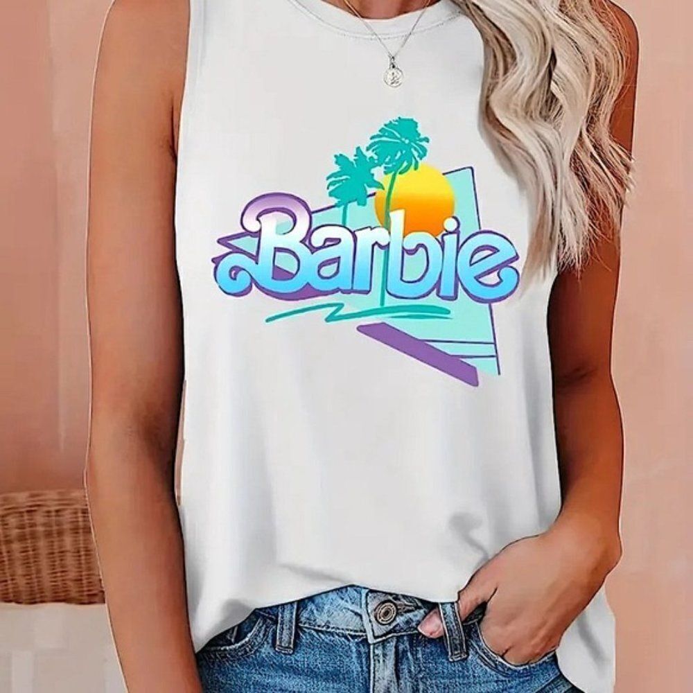 Barbie Core Retro 90s Tropical Graphic White Tank Top Large - Picture 5 of 5